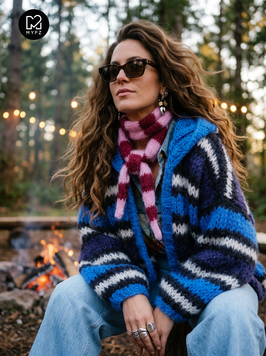 Strikkeoppskrift – MYPZ hettejakke i chunky mohair, bomberjakke og cardigan, blå nr.15 (ENG-DE-NL-ES-FR-IT-DA-SV-NO)