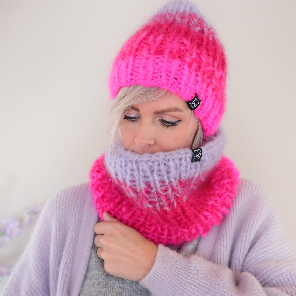 Strikkeoppskrift – Gradient grov mohairlue + hals (ENG-DE-NL-ES-FR-IT-DA-SV-NO)