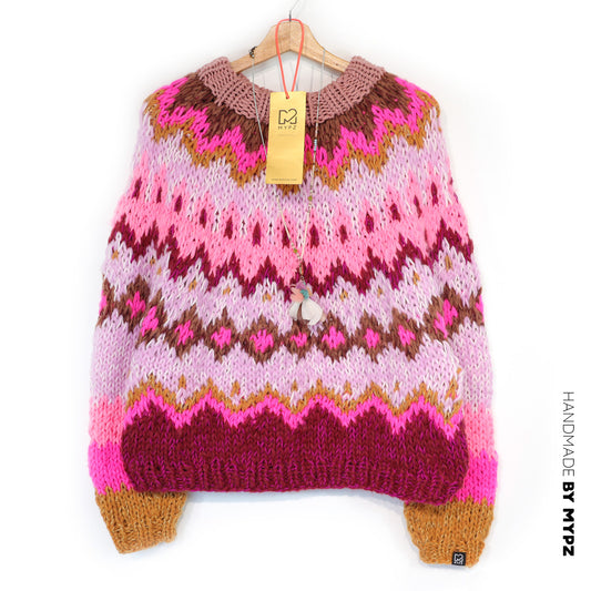 Strikkepakke – MYPZ chunky alpaca-genser, ovenfra og ned, bringebær nr. 12 (ENG-DE-NL-ES-FR-IT-DA-SV-NO)