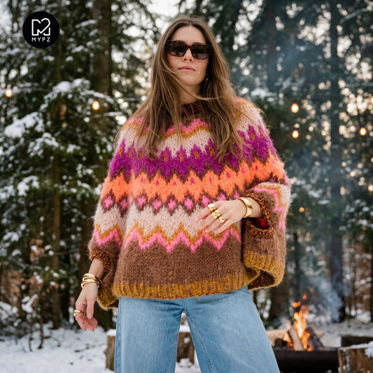 Strikkeoppskrift – MYPZ Chunky Topdown Mohair-poncho Brownberry nr.12 (ENG-DE-NL-ES-FR-IT-DA-SV-NO)