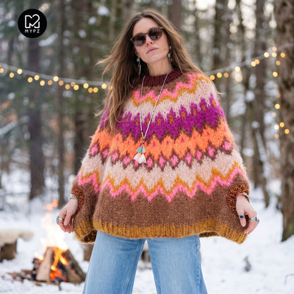 Strikkeoppskrift – MYPZ Chunky Topdown Mohair-poncho Brownberry nr.12 (ENG-DE-NL-ES-FR-IT-DA-SV-NO)
