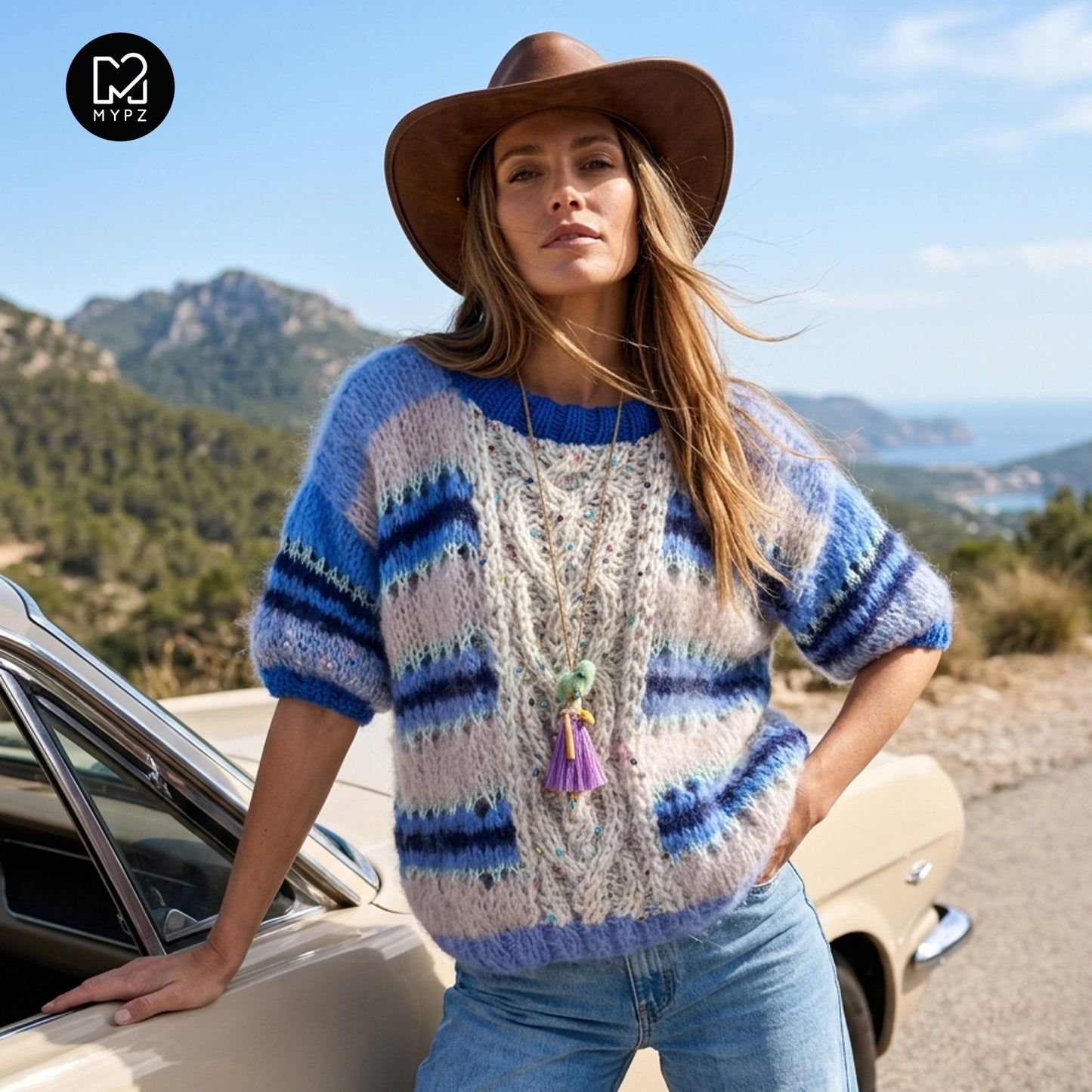 Knitting kit – MYPZ  Light Alpaca Mohair Top Cable Heart Blue No10 (ENG-NL-DE)