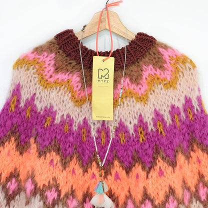 Strikkeoppskrift – MYPZ Chunky Topdown Mohair-poncho Brownberry nr.12 (ENG-DE-NL-ES-FR-IT-DA-SV-NO)