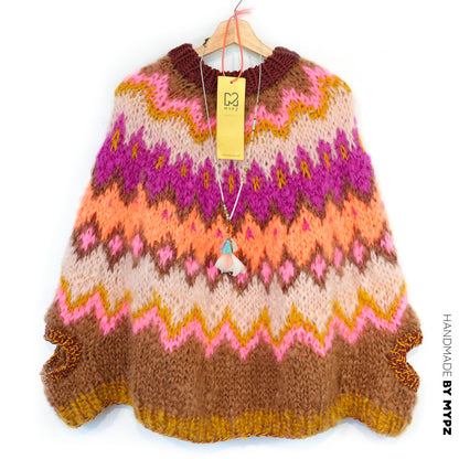Strikkeoppskrift – MYPZ Chunky Topdown Mohair-poncho Brownberry nr.12 (ENG-DE-NL-ES-FR-IT-DA-SV-NO)
