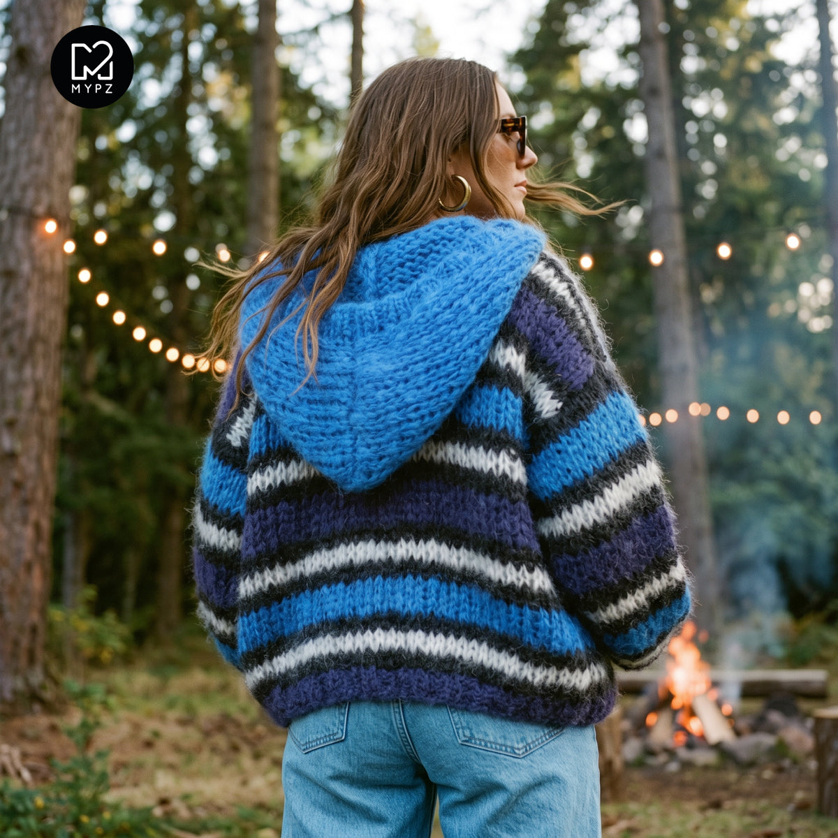 Strikkeoppskrift – MYPZ hettejakke i chunky mohair, bomberjakke og cardigan, blå nr.15 (ENG-DE-NL-ES-FR-IT-DA-SV-NO)
