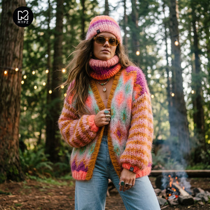 Strikkeoppskrift - Chunky Mohair-jakke Flora nr.12 (ENG-DE-NL-ES-FR-IT-DA-SV-NO)