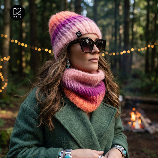 Strikkeoppskrift – Gradient grov mohairlue + hals (ENG-DE-NL-ES-FR-IT-DA-SV-NO)