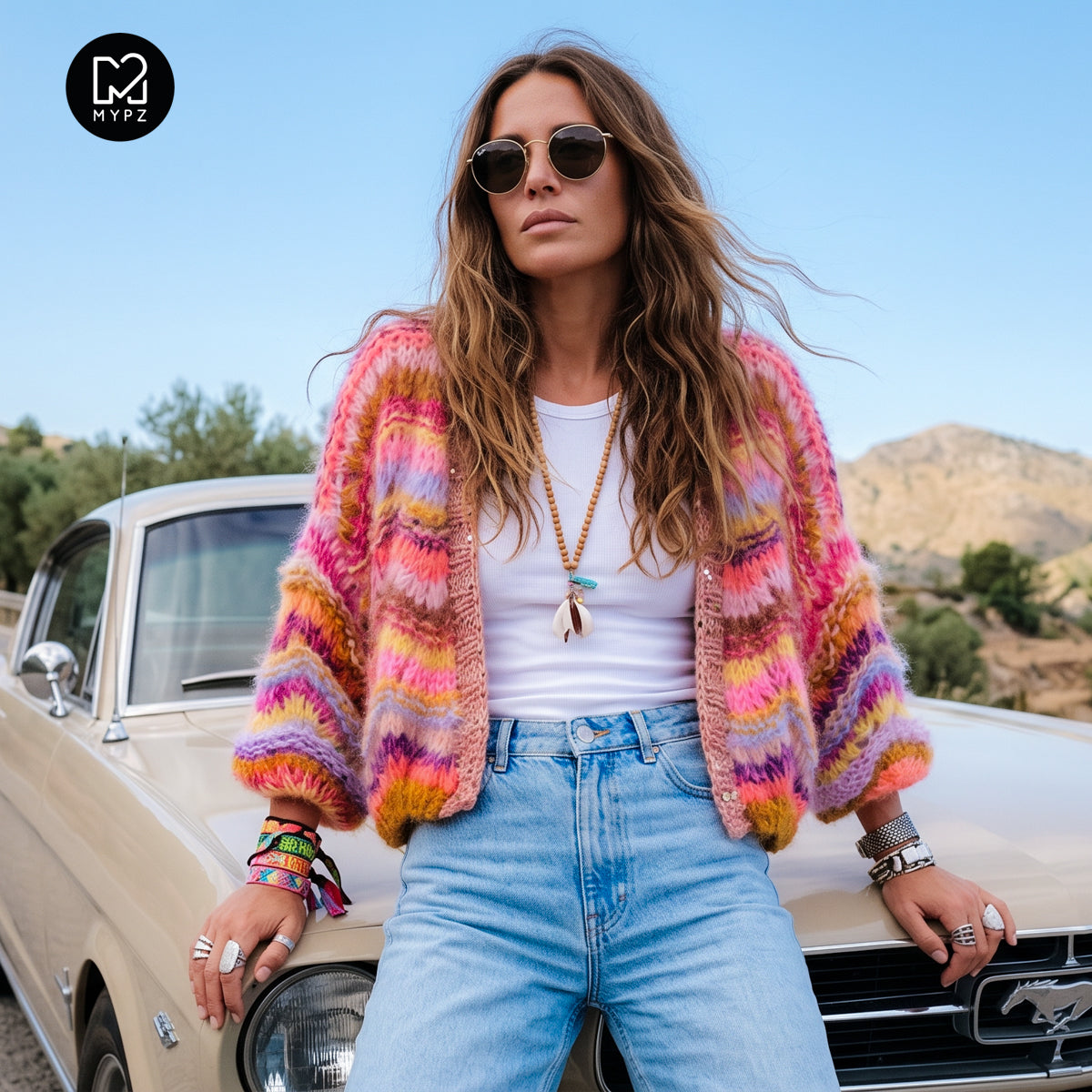 Knitting Kit – Short Chunky Mohair Cardigan Colorflow Wave No.12 (ENG-NL-DE)