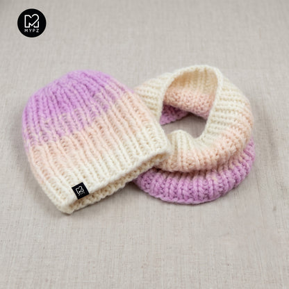Strikkesett – Gradient chunky alpakka-lue + hals Ubleket (ENG-DE-NL-ES-FR-IT-DA-SV-NO)