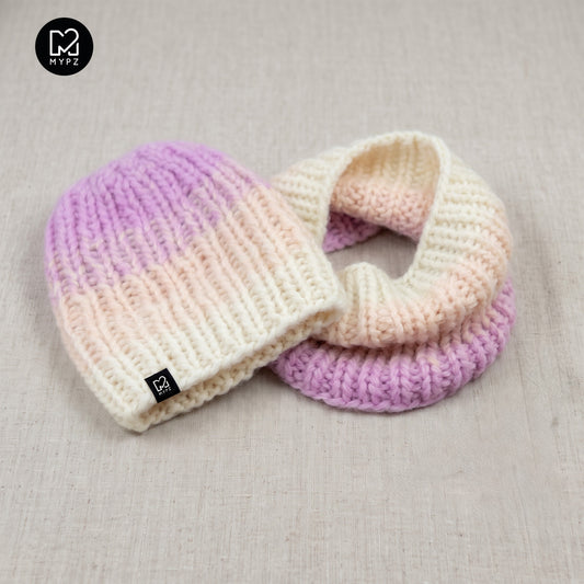 Strikkesett – Gradient chunky alpakka-lue + hals Ubleket (ENG-DE-NL-ES-FR-IT-DA-SV-NO)
