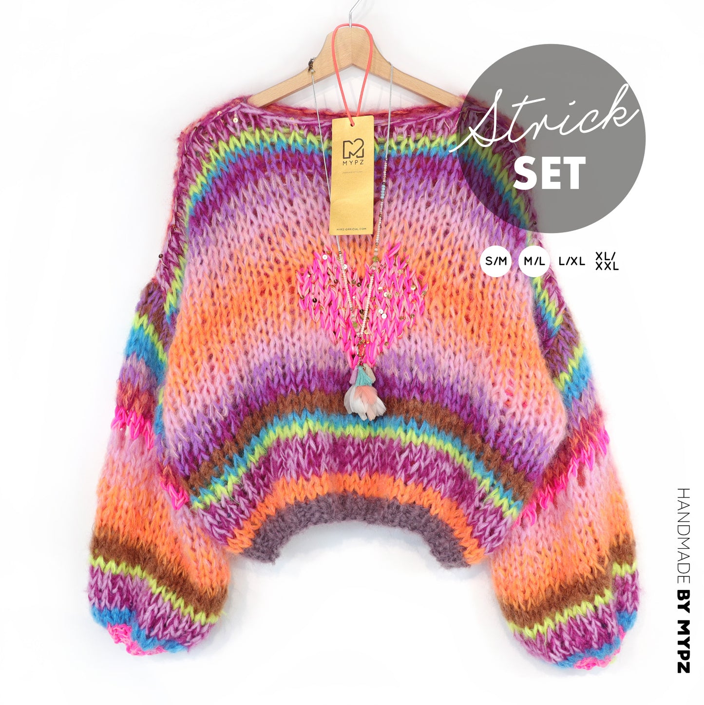 Knitting Kit – MYPZ Short Chunky Pullover Neon Hearts No15 (ENG-NL-DE)